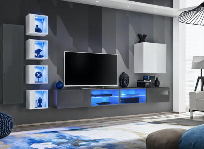 Living Room Wall Unit Gray Wall Shelves Cabinet Living Room Furniture Luxury 7-Piece Set